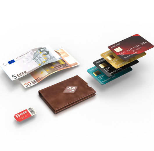 brun exentri mini lommebok med kort, sedler og billett