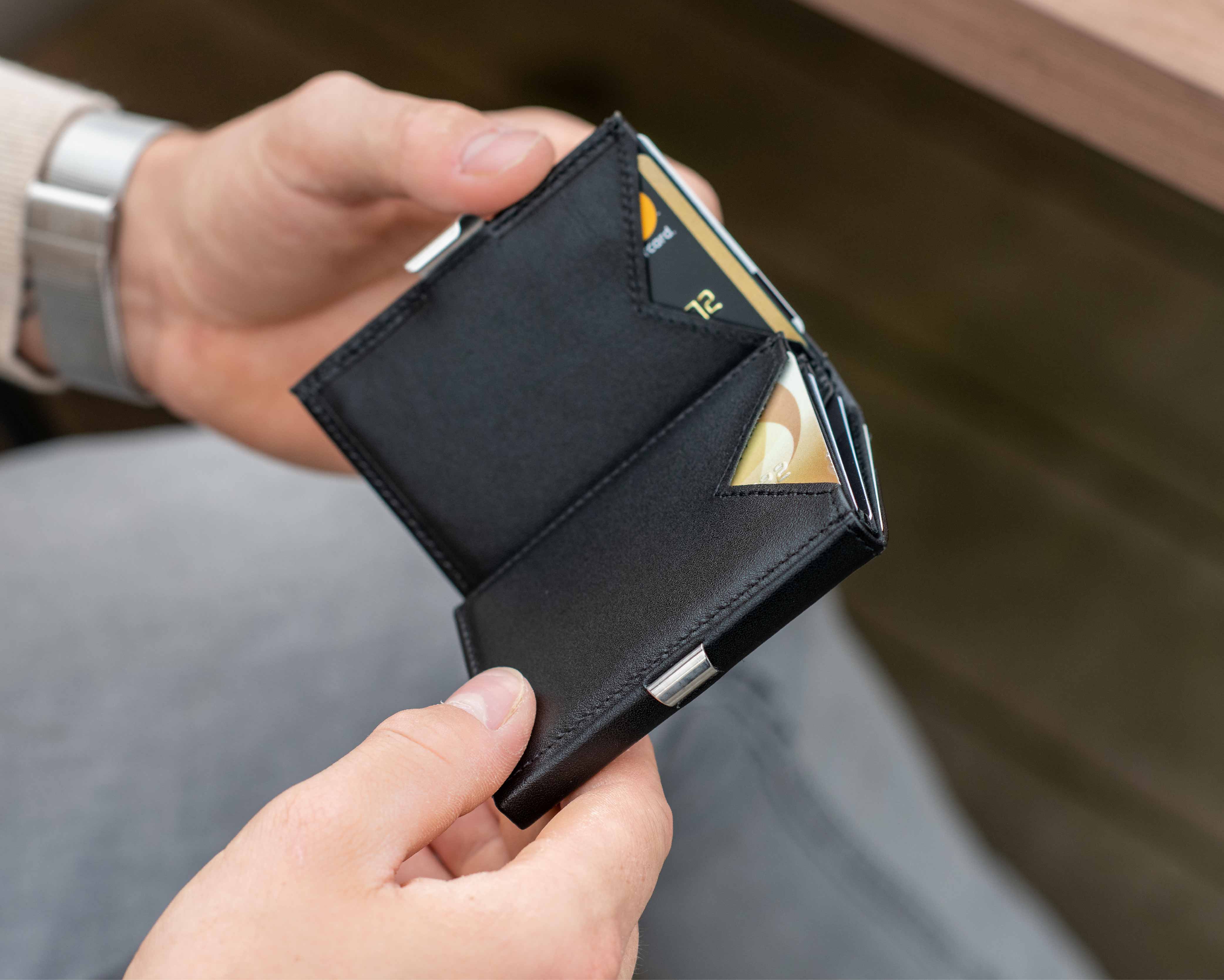 Premium RFID Blocking Trifold Leather Wallet with Stainless Steel Locking Clip EXENTRI Wallet in Black